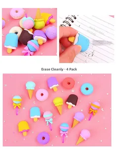 Detailed view of dessert-shaped erasers in a 4-pack box showing cute 3D food textures