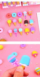 Macro shot of colorful dessert-shaped erasers including donuts and ice cream cones