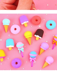 Creative miniature dessert erasers featuring ice cream, donuts and candy in pastel colors