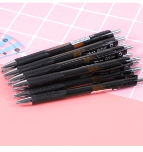 Detail shot of 0.5mm black gel pens with rubber grip on a pink checkered background