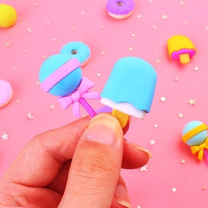 Creative dessert-themed 3D erasers set with lollipop, popsicle, and donut shapes