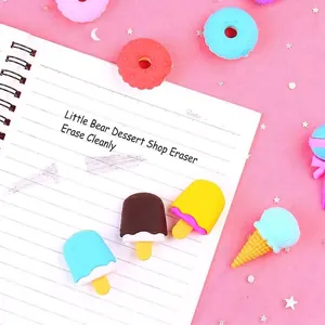 Creative 3D dessert-shaped erasers set including donuts and ice cream on pink background