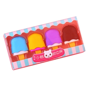 Creative popsicle shaped erasers in multi-color 4-pack set with dessert shop packaging