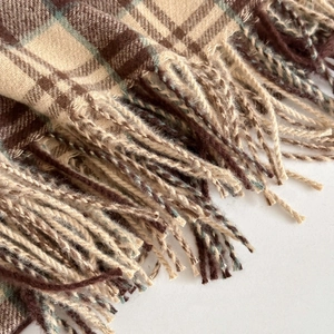 Detail shot of a soft plaid scarf featuring beige and blue check patterns with fringe trim