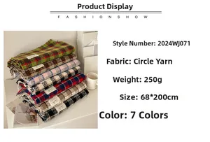 Detail specifications of plaid bouclé scarf measuring 68x200cm and weighing 250g