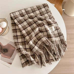 Classic coffee and beige plaid cashmere-like scarf with soft tassels for winter warmth