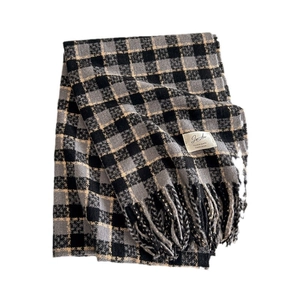 Classic checkered cashmere-feel scarf with tassels in black, gray, and beige colors