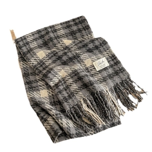 Classic striped plaid scarf in grey and white with soft fringe tassels and woven label
