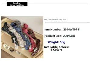 Detail of colorful speckled knit scarves in six colors displayed on a wooden shelf