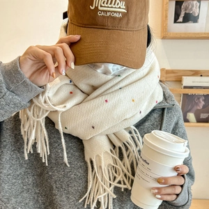 Women Korean Style Colorful Polka Dot Tassel Scarf Winter Thick Warm Knitted Soft Faux Cashmere Long Pashmina Wrap Shawl