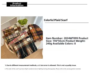 Detail of plaid scarf with tassels showing 196x65cm size and soft boucle yarn texture