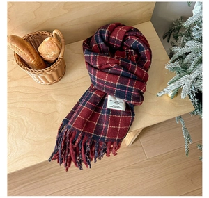 Detailed macro view of retro plaid scarf featuring burgundy and navy check with tassels