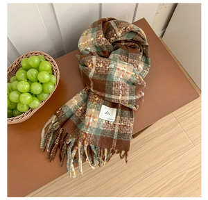 Detail of plaid scarf texture with retro color palette and fringe tassels
