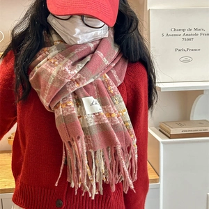 Soft pink and grey plaid scarf with tassels in a stylish preppy college knit style