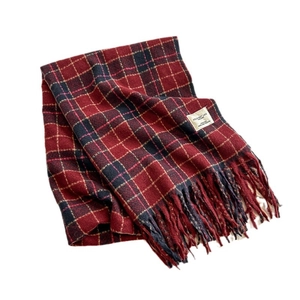 Classic red and black plaid cashmere-feel winter scarf with tassels on white background