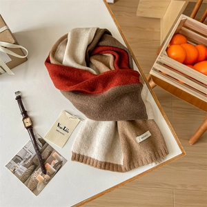 Premium 100% australische Wolle Strickschal mit Farbeblock und Rippenstrickkanten