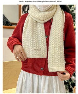 Detail of cream knit scarf with cable pattern and vegetable patch in festive setting