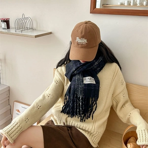 Retro soft plaid scarf in navy and purple with tassels and brown Malibu baseball cap