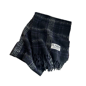 Retro plaid tassel scarf in black, purple and beige with a soft knit texture