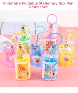 Close-up of cute cartoon stationery set with folding pencil case and portable pen holder
