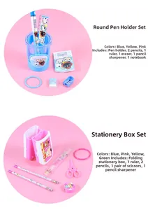 Detailed view of kids stationery set with folding pencil case and cartoon art supplies