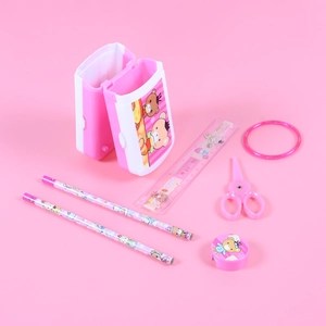 Pink cartoon bear folding pencil case stationery set with ruler and scissors for students