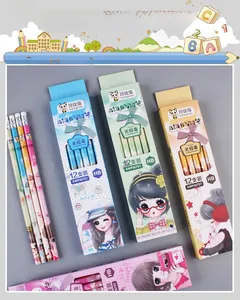 Detailed view of 12-pack HB pencils with eraser tops and colorful cartoon girl patterns