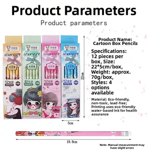 Detailed dimensions and parameters of HB pencils in four cute cartoon boxes