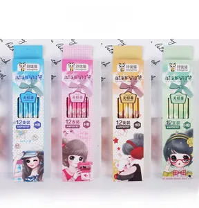 Close-up of four colored HB pencil boxes featuring cute cartoon cat designs