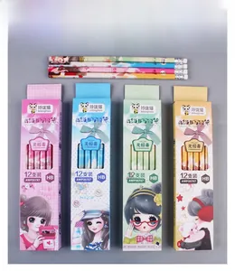 Close-up of pastel HB pencil boxes featuring cute cartoon girl illustrations for school