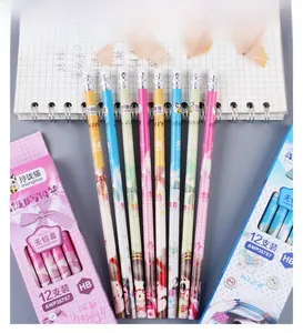 Detailed view of 12-piece HB pencils with cute cartoon patterns and top erasers