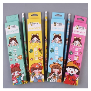 Details von vier Cartoon-HB-Bleistiften mit Radiergummi in bunten Pastell-Geschenkboxen