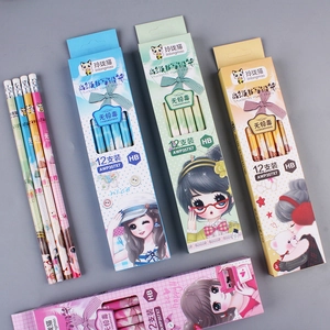 Pack of 12 HB graphite pencils with erasers in pastel colors featuring cartoon illustrations