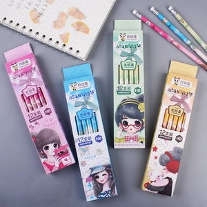 Set of 12 HB wooden pencils with cartoon girl design and eraser top for school students