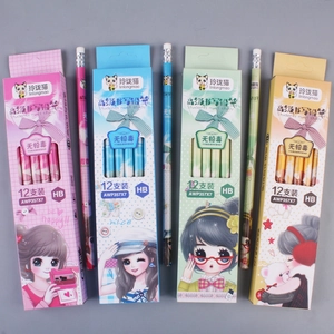 12-piece HB graphite pencils set for students featuring cute girl cartoon illustrations