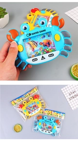 Detail of handheld crab water game toy in blue and yellow with CE certified packaging