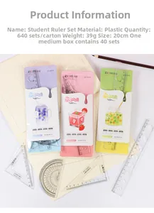 Detail of 4-piece student ruler set with 20cm ruler, protractor and triangle plates