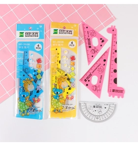 Detail view of 4-piece student stationery set including ruler and triangle scales