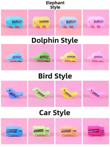 Variety of cute animal shaped pencil sharpeners in diverse pastel colors and designs