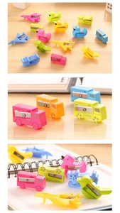 Detail of colorful cartoon animal pencil sharpeners including cat and bird shapes