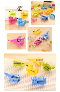 Detailed views of mini animal pencil sharpeners including duck, plane, and cat shapes