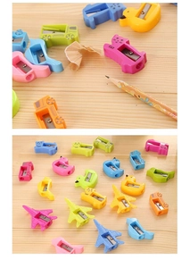 Detailed close-up showing various cartoon animal and vehicle pencil sharpeners for students