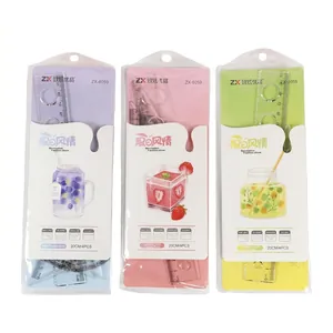 Cartoon 20cm ruler set with four measuring tools in transparent pink, purple, and yellow