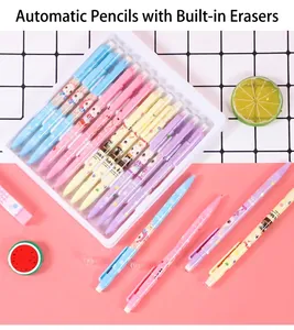 Detailed macro view of 0.7mm mechanical pencils with built-in eraser in pastel colors