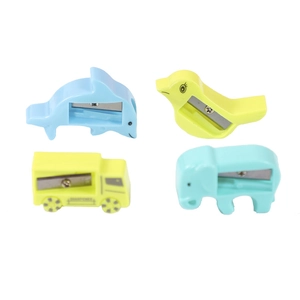 Set of 4 cute animal pencil sharpeners including elephant, dolphin, bird, and truck shapes