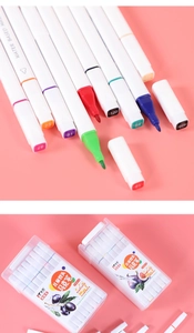 Close-up of dual-tip washable markers in 48 colors with clear plastic storage case
