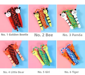 Six different cartoon animal wooden handles for kids jumping ropes with durable braided cords