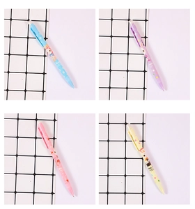 Close-up of four pastel mechanical pencils with cute rabbit patterns and erasers