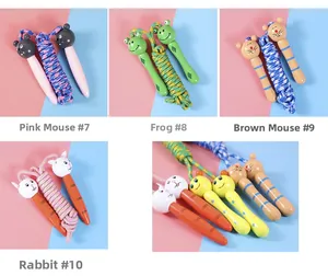Detail view of colorful cartoon animal wooden handles for kids jumping ropes