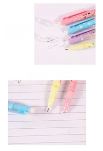 Close-up of candy-colored mechanical pencils with eraser tops and floral patterns
